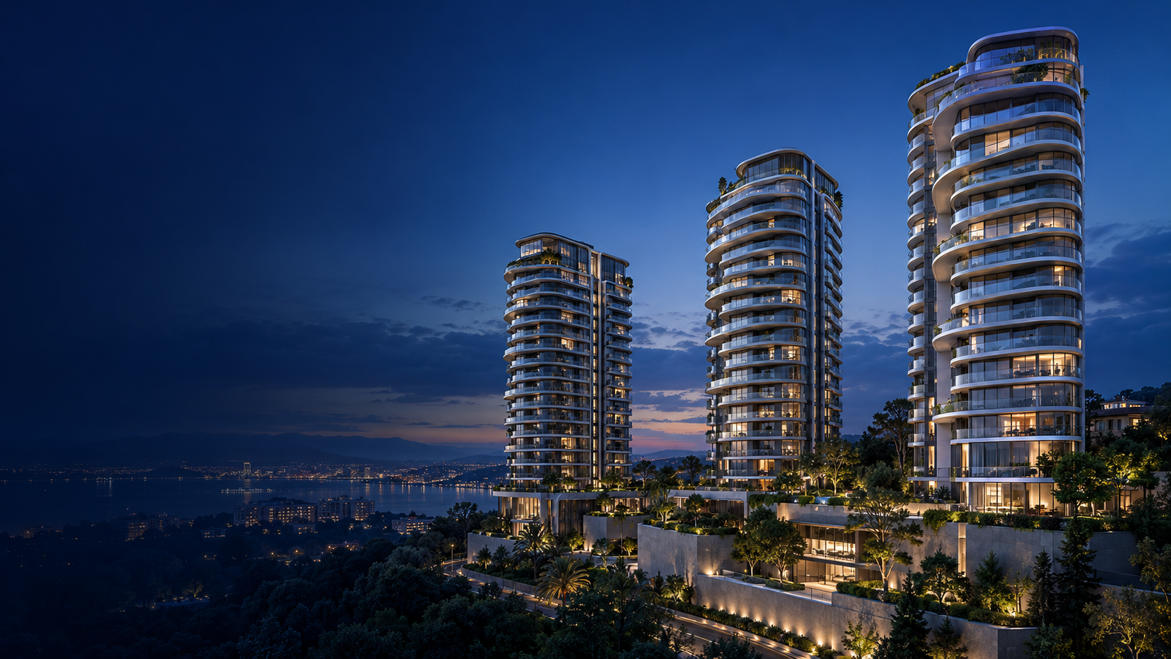 Concept architecture of a contemporary residential community at dusk